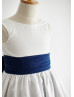 Ivory And Navy Blue Cotton V Back Flower Girl Dress